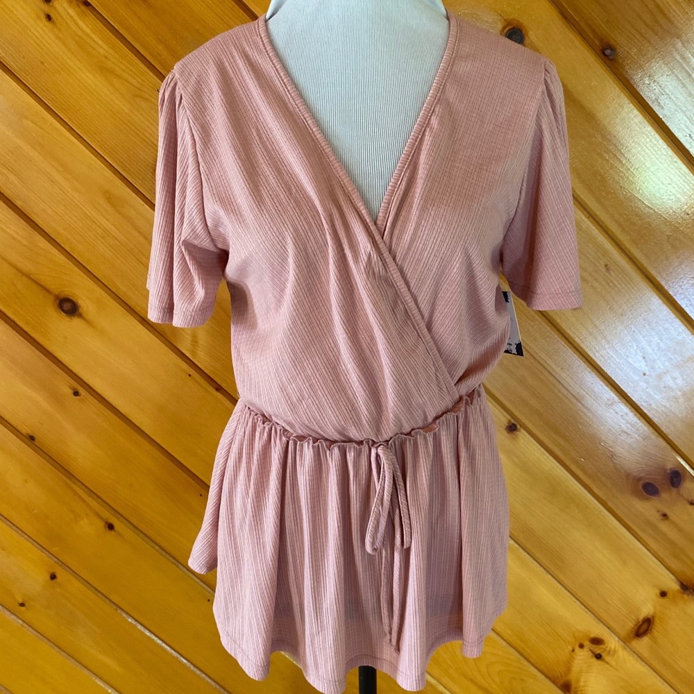 P.S. Love Women's Ribbed Wrap Peplum Top Dusty Pink Short Sleeve Medium NWT